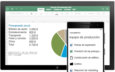 Una tableta que muestra un presupuesto anual y un smartphone que muestra los documentos compartidos de un equipo.