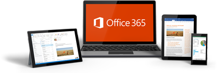 Un smartphone, un monitor de escritorio y una tableta que muestran Office 365 en funcionamiento.